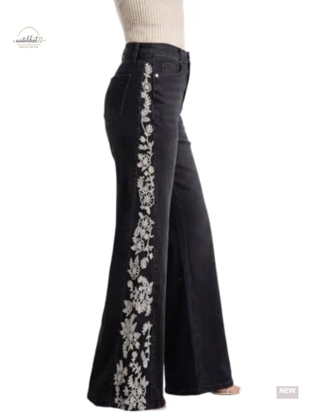 High Waist Embroidered Flare Leg Stretch Denim Jeans